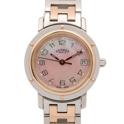 エルメス HERMES クリッパー ナクレ 腕時計 時計 ステンレススチール PGP(ピンクゴールドメッキ) レディース ピンク系 ピンクシェル CL4.221 【中古】