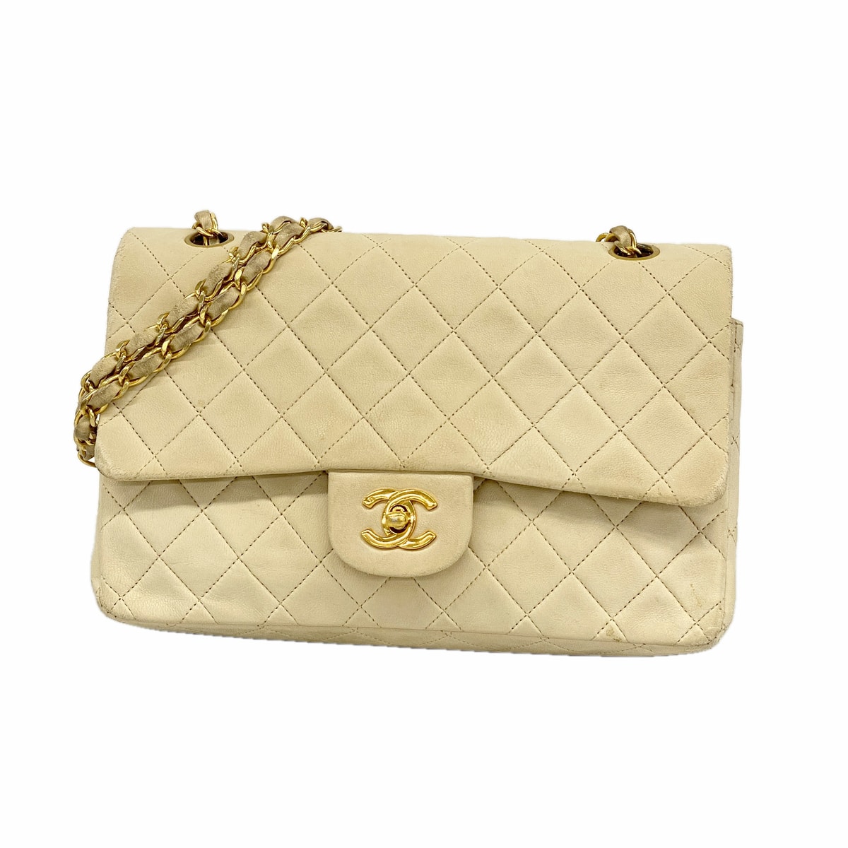 ★SALE【6hd3350】シャネル ショルダーバッグ マトラッセ Wフラップ Wチェーン ラムスキン ベージュ ゴールド金具【中古】レディース