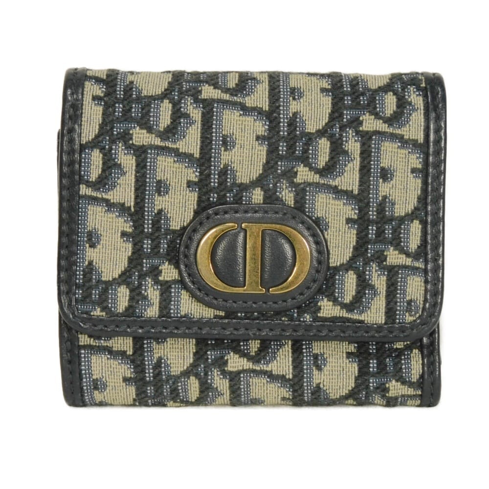 Dior ディオール 30 モンテーニュ ロータスウォレット CDロゴ スナップボタン 札入れ カードケース コインケース ベージュ ネイビー オブリーク ジャガード 三つ折り財布 S2057UTZQ_M928