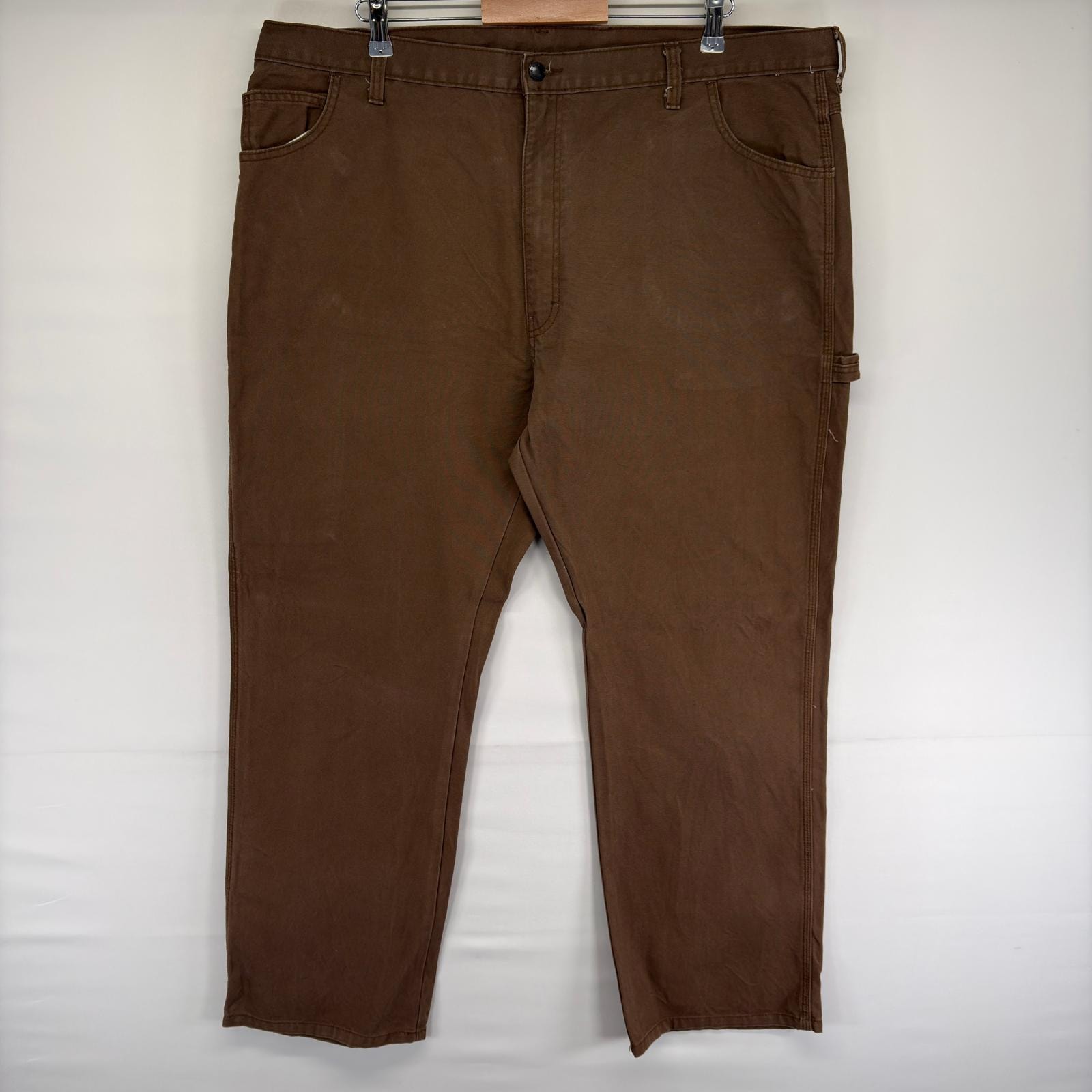 古着 ディッキーズ Dickies ダック パンツ ハンマーループ ワンポイントロゴ スパナポケット ジップ w42 L30  ブラウン系 メンズ