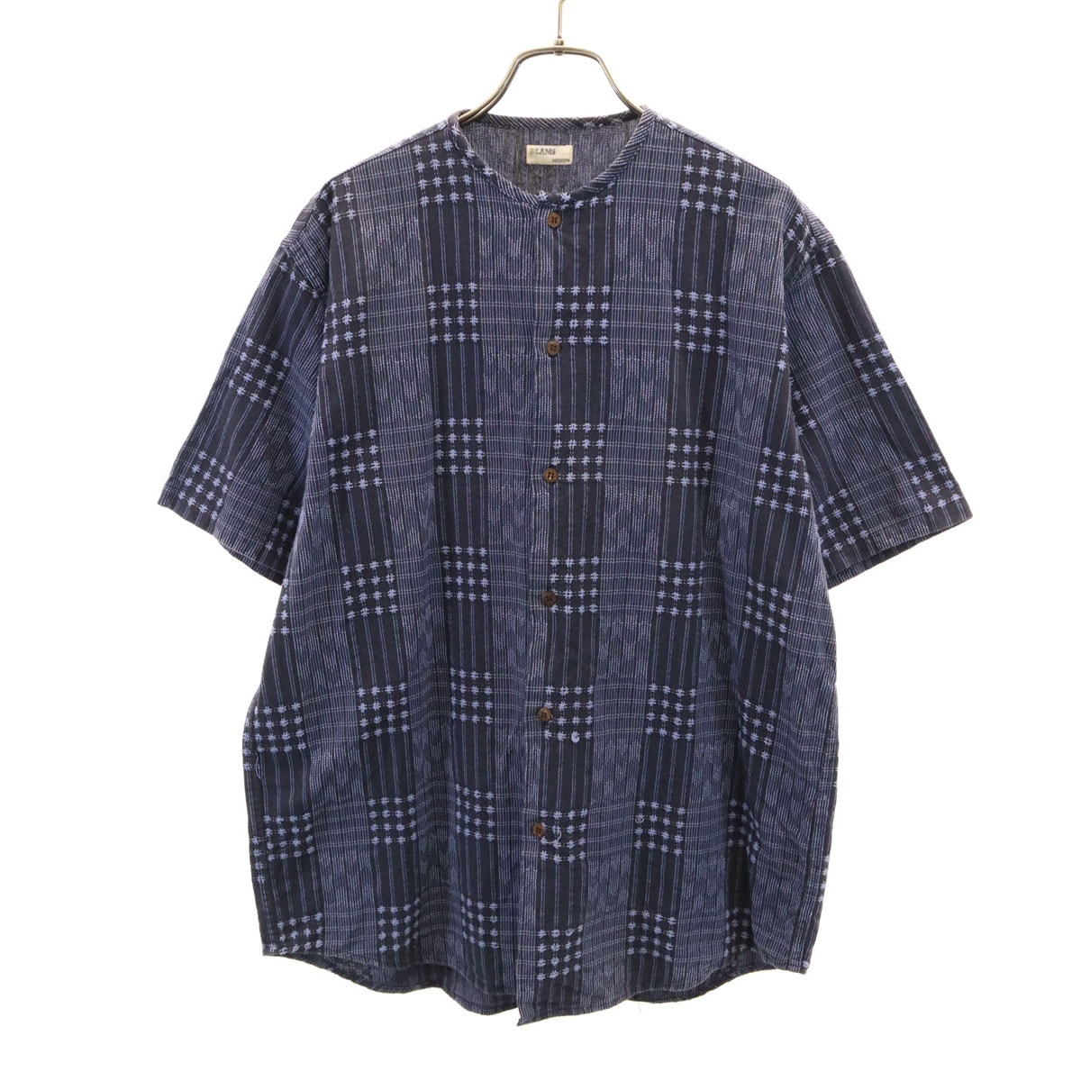 BEAMS ビームス チェック柄 半袖 ノーカラー シャツ M ネイビー