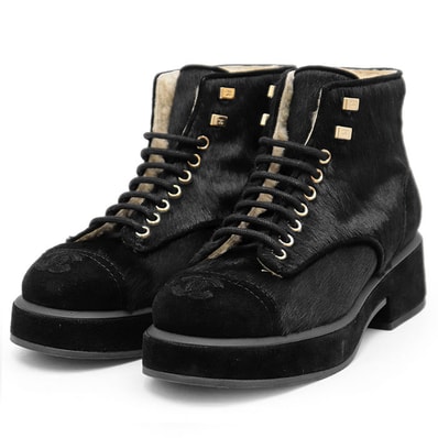 【新品同様】CHANEL シャネル G39505 ブーツ ハラコ x スウェード コンビネーション ボアライニング COCOマーク ロゴ キャップトゥ レースアップ 厚底 靴 アンクルウォーマー/袋付属 レディース サイズ 36.5C ブラック 黒 イタリア製