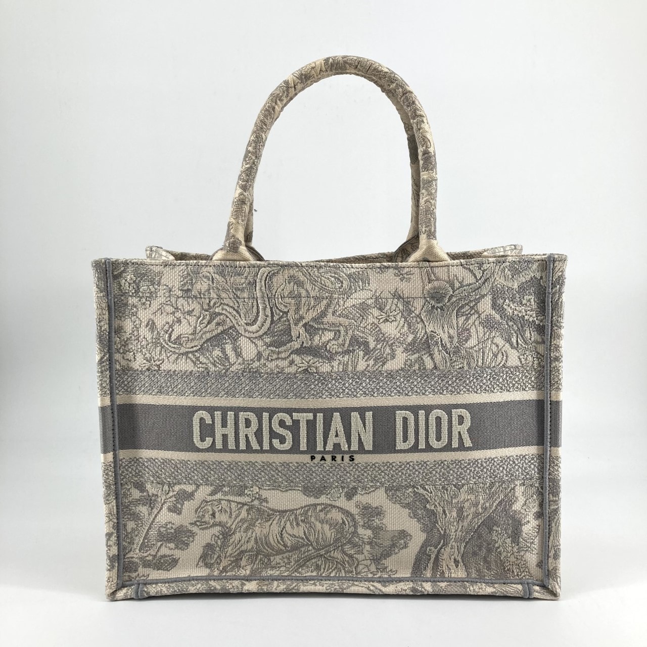 Christian Dior(クリスチャンディオール) トワル ドゥ ジュイ エンブロイダリー Book Tote ミディアム キャンバス トートバッグ ホワイト×グレー