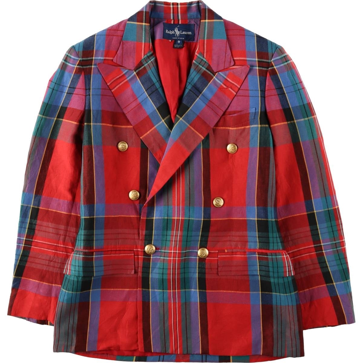 古着 ラルフローレン Ralph Lauren チェック柄 ピークドラペル ダブルブレスト レーヨン×リネンテーラードジャケット USA製 レディースL相当/eaa632020