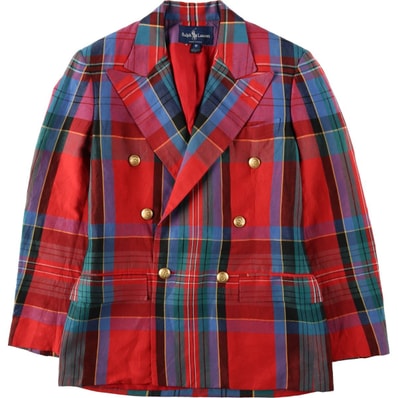 古着 ラルフローレン Ralph Lauren チェック柄 ピークドラペル ダブルブレスト レーヨン×リネンテーラードジャケット USA製 レディースL相当/eaa632020