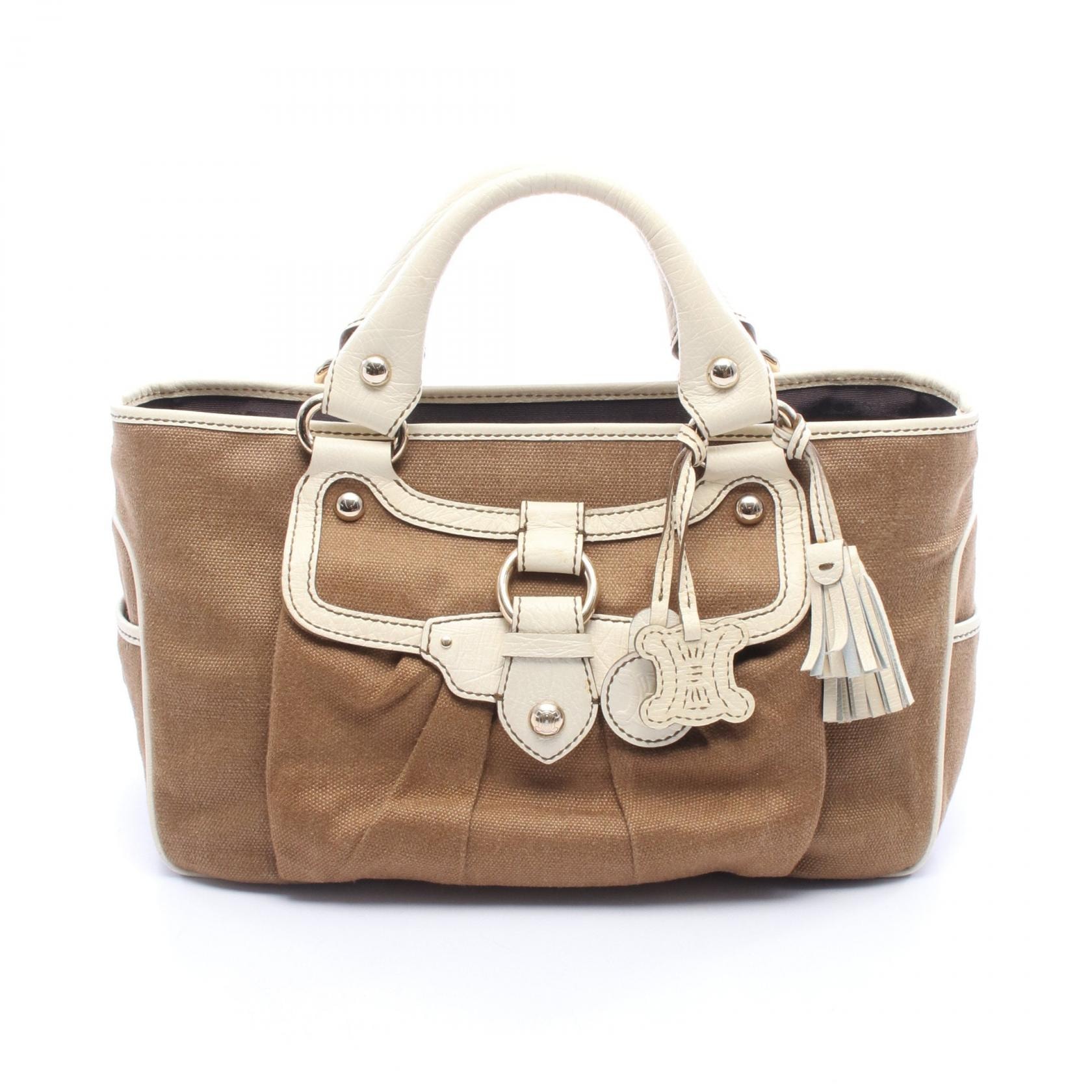 セリーヌ CELINE ブギーバッグ チャーム付き ハンドバッグ バッグ キャンバス レザー レディース ブラウン系 / アイボリー系 【中古】