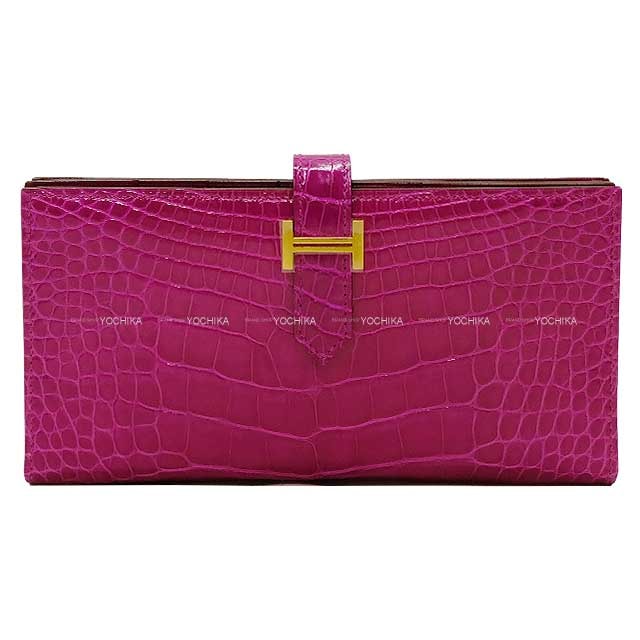HERMES エルメス 長財布 ベアンスフレ ローズシェヘラザード (ローズシェラザード) クロコダイルアリゲーターシャイニー ゴールド金具 D刻印 準新品