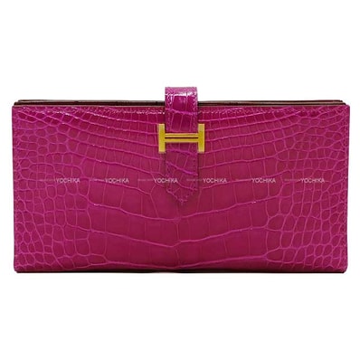 HERMES エルメス 長財布 ベアンスフレ ローズシェヘラザード (ローズシェラザード) クロコダイルアリゲーターシャイニー ゴールド金具 D刻印 準新品