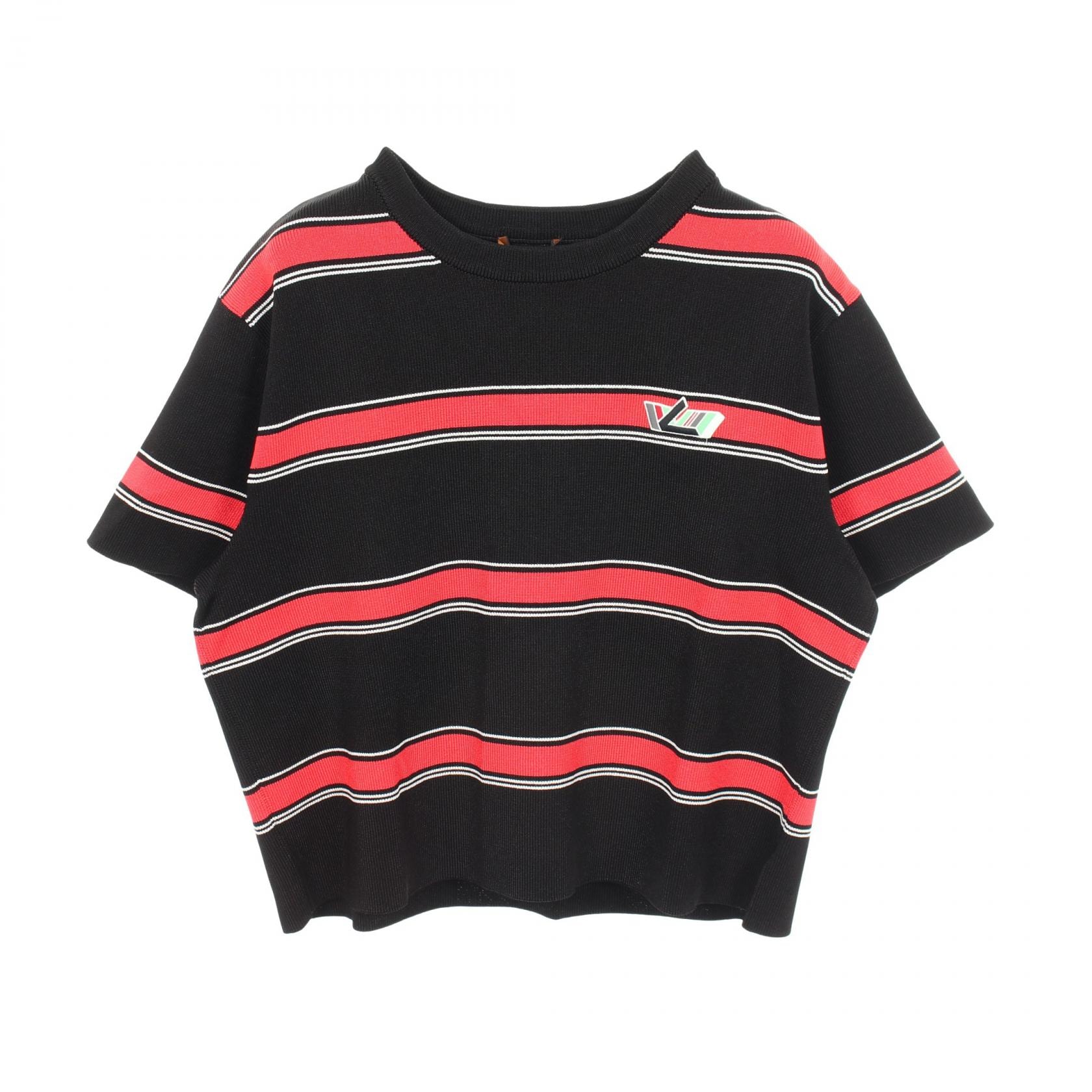 ルイ・ヴィトン LOUIS VUITTON クロップド ボーダー 半袖 カットソー 衣料品 トップス レーヨン ナイロン レッド レディース ブラック系 / レッド系 RW191W LQY FGKS01 【中古】