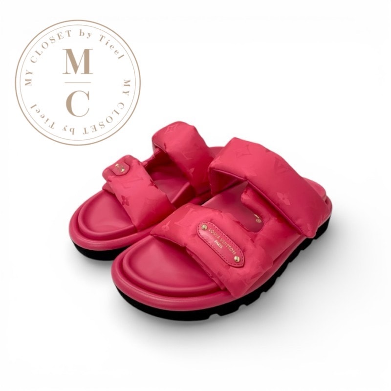 ルイヴィトン LOUIS VUITTON プールピローライン モノグラム サンダル 靴 シューズ ナイロン レザー ピンク 未使用 ロゴ ベルクロ フラット ミュール