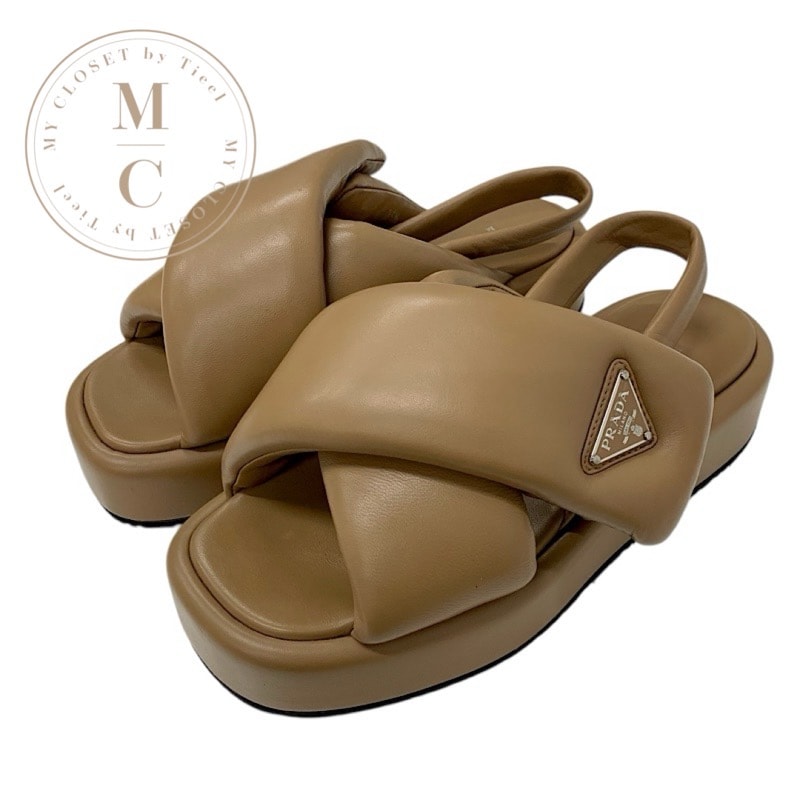 プラダ PRADA サンダル 靴 シューズ レザー ブラウン トライアングルロゴ パデッドナッパ ストラップ