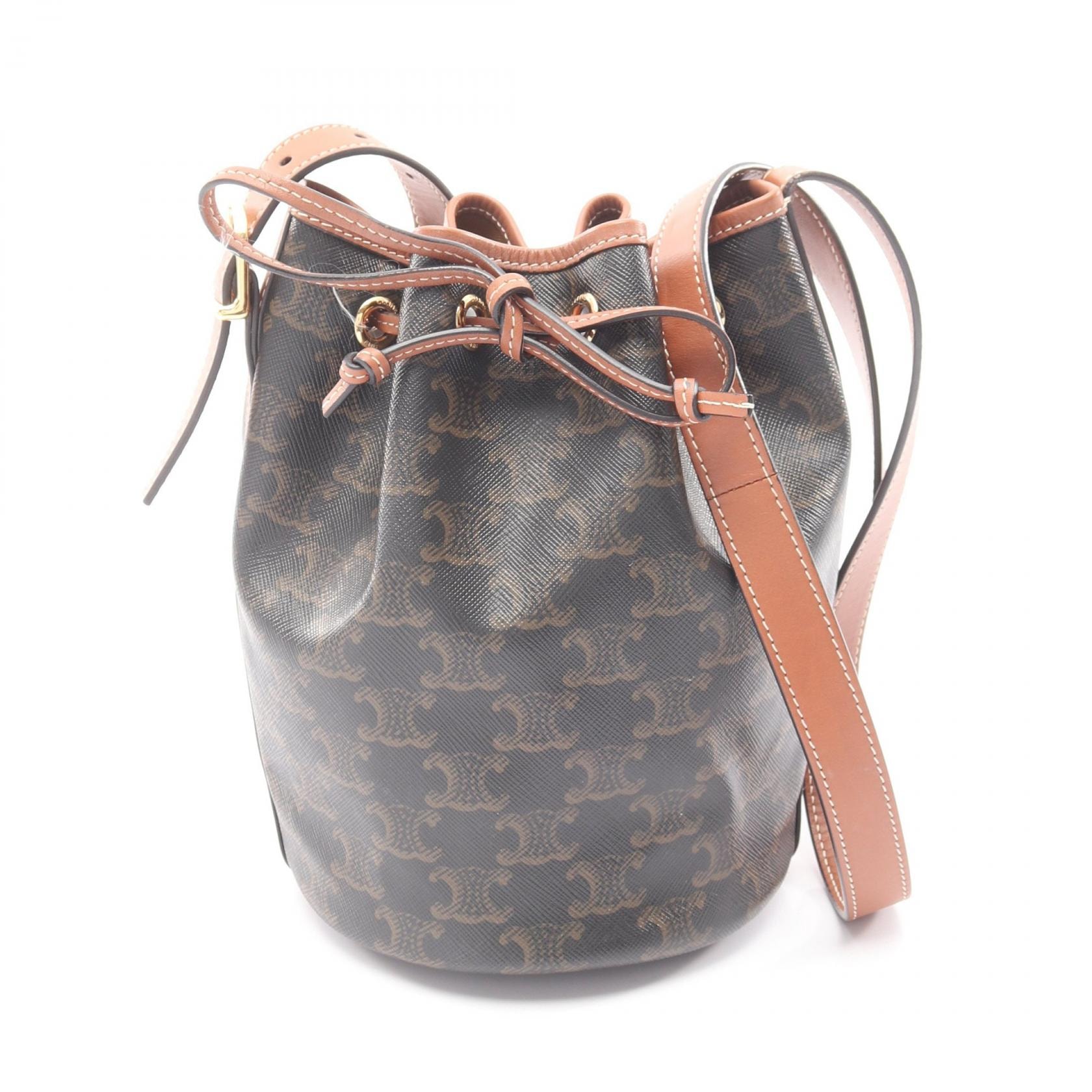 セリーヌ CELINE トリオンフ スモール ドローストリング ショルダーバッグ バッグ PVCコーティングキャンバス レザー レディース ブラウン系 191142BZJ 【中古】