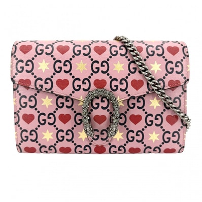 GUCCI グッチ ショルダーバッグ ディオニュソス タイガーヘッド ハート 肩掛け 斜め掛け チェーンショルダー スター 401231 レザー ピンク レッド 赤 シルバー金具 レディース 美品【中古品】