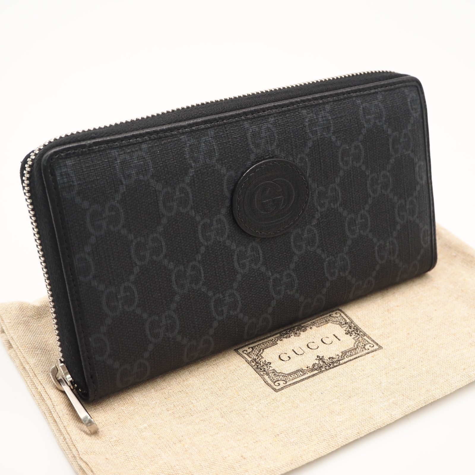 美品 GUCCI グッチ GGスプリーム インターロッキングG ジップアラウンド ウォレット 673003 長財布 ブラック グレー コーティングキャンバス レザー メンズ
