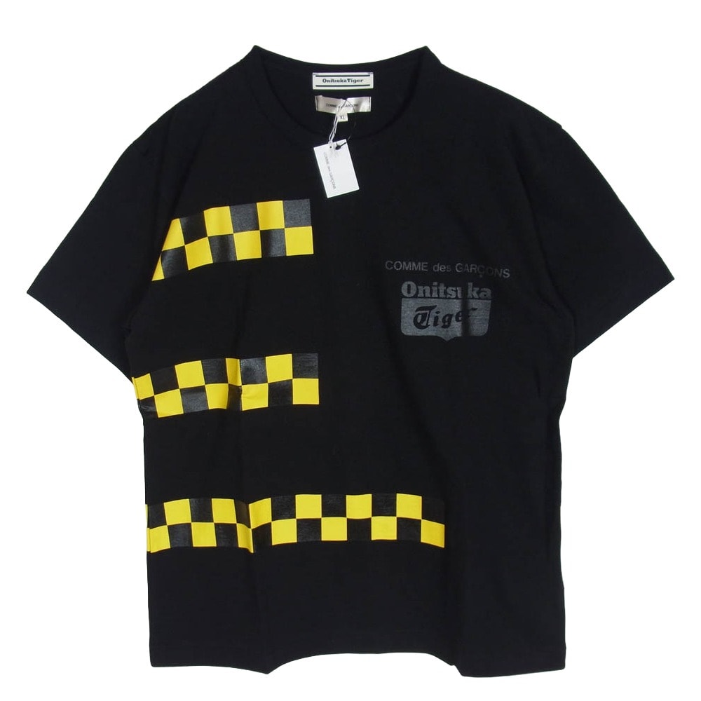 COMME des GARCONS コムデギャルソン Tシャツ 25AW OP-T004-051 Wネーム チェッカード 胸ロゴプリント クルーネック 半袖 Tシャツ カットソー ブラック系 XL【極上美品】【中古】