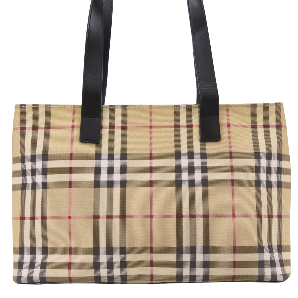 【中古】 バーバリー トートバッグ ノバチェック PVC レザー ベージュ ブラック レディース 女性 BURBERRY