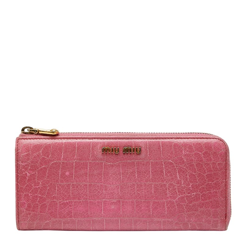 ミュウミュウ クロコ型押し 長財布 ピンク レザー レディース MIUMIU 【中古】