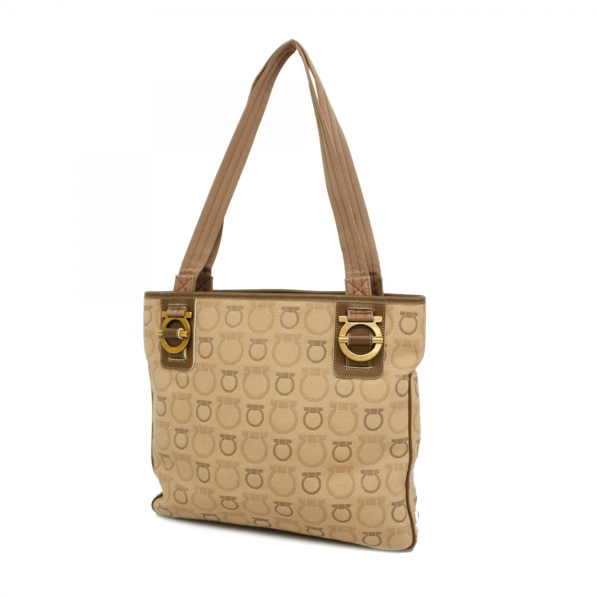 【6ce6269】サルヴァトーレフェラガモ ショルダーバッグ ガンチーニ キャンバス ベージュ ブラウン ゴールド金具【中古】レディース