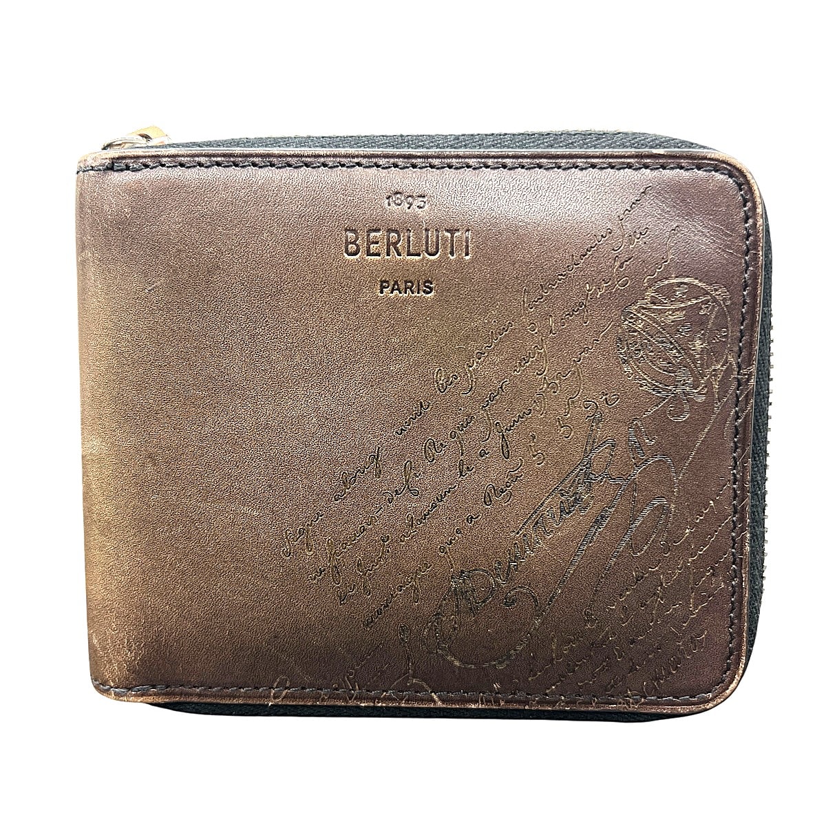Berluti 美品 ベルルッティ イタウバ スクエア スクリットレザー ジップ付きウォレット カリグラフィ 二つ折り財布 ベネチアン レザー ライトブラウン コンパクトウォレット ミニ 小銭入れ有 メンズ ABランク 中古 鑑定済 ベルルッティ財布