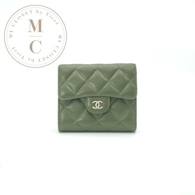 シャネル CHANEL 財布 三つ折り財布 ミニ財布 ミニウォレット カーキグリーン シルバー ココマーク クラシック スモール ウォレット コインケース
