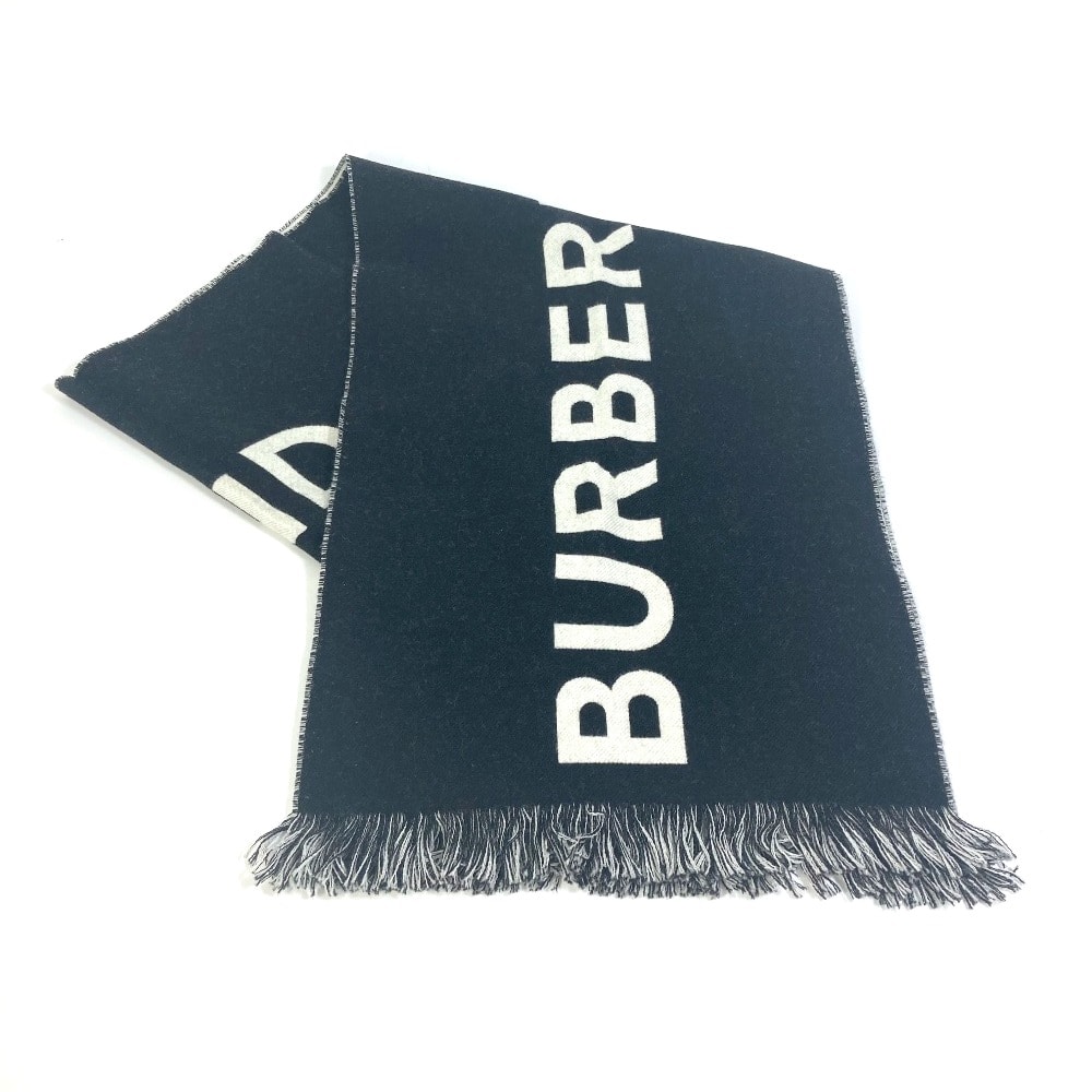 バーバリー BURBERRY スカーフ 80085081 バイカラー フリンジ ロゴ マフラー ウール ブラック×ホワイト 美品