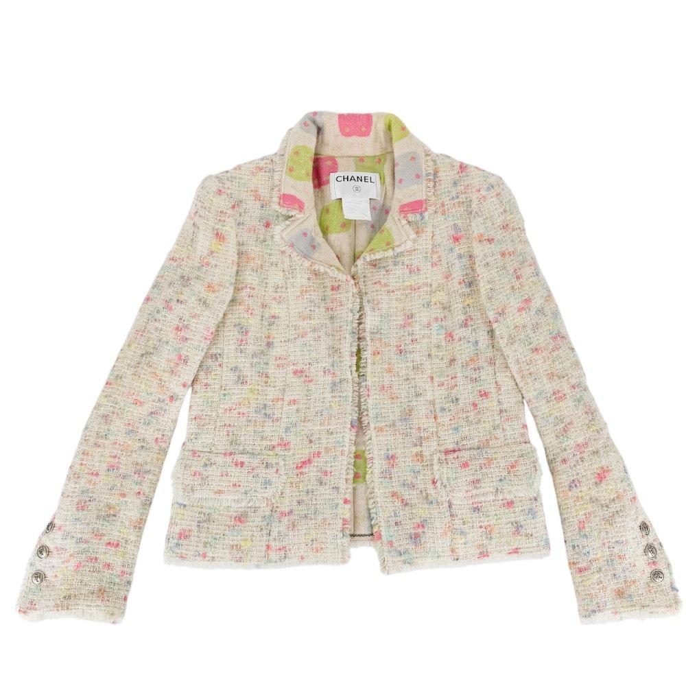 CHANEL シャネル アウター リボンボタン ツイード ジャケット アパレル 服 38 アイボリー マルチカラー ゴールド金具 レディース【中古品】