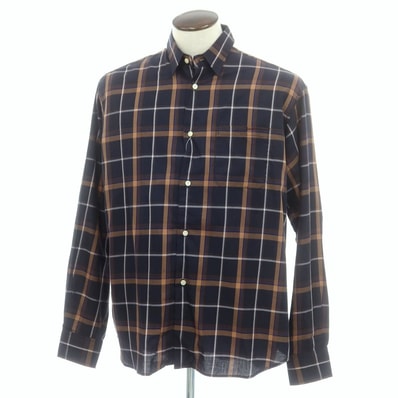 【中古】オンブレニーニョ Hombre Nino コットン チェック レギュラーカラー カジュアルシャツ ダークネイビーxライトブラウン【サイズL】【メンズ】