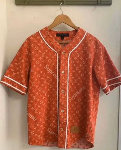 Supreme / Louis Vuitton Jacquard Denim Baseball Jersey "Red"