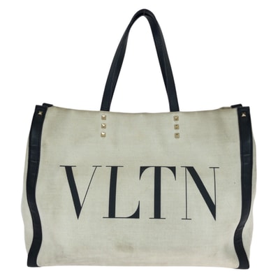 VALENTINO ヴァレンティノ ヴァレンティノ ガラヴァーニ ロックスタッズ VLTN オフホワイト ブラック ゴールド金具 キャンバス レザー/ トートバッグ 603487 【中古】