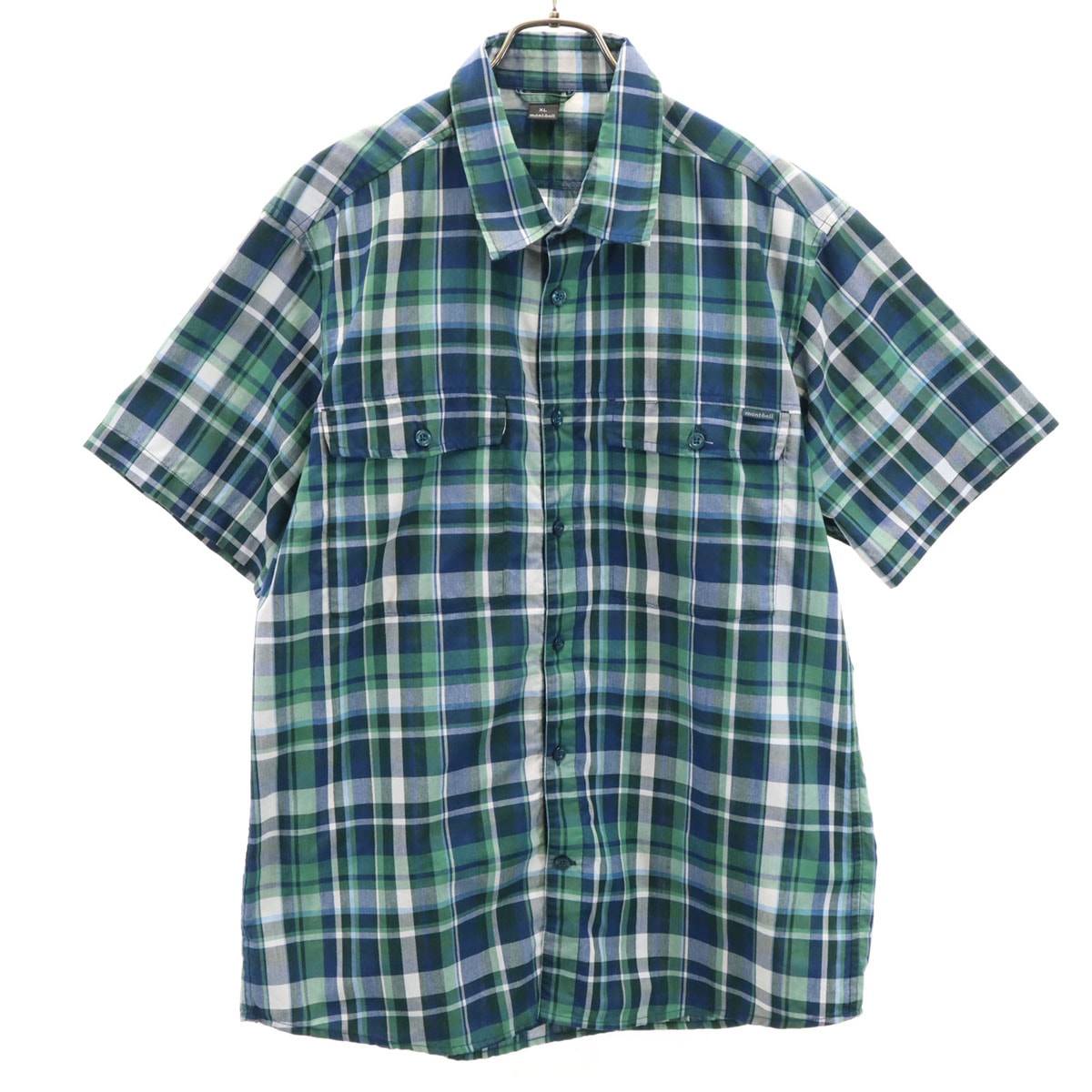 mont-bell モンベル チェック柄 半袖 シャツ XL グリーン系 アウトドア