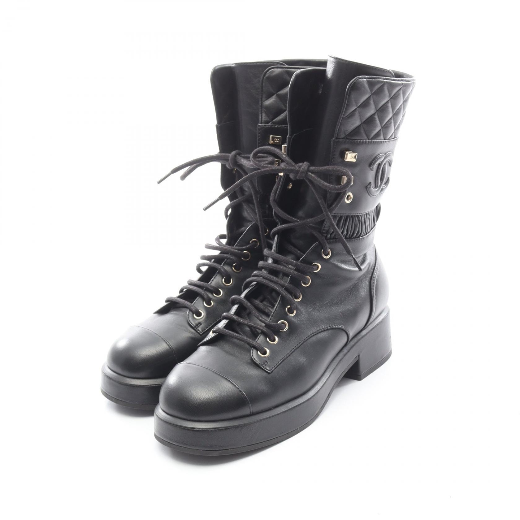 シャネル CHANEL ココマーク マトラッセ レースアップ ブーツ 靴 レザー レディース ブラック系 G37956 【中古】