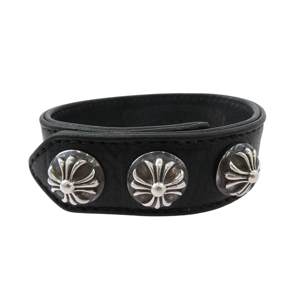 CHROME HEARTS クロムハーツ(原本無) ブレスレット 3BTN 2SNP 3ボタン 2スナップ クロスボール レザー ブレスレット ブラック系 シルバー系【中古】
