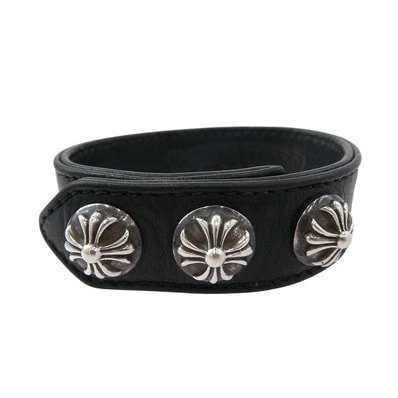 CHROME HEARTS クロムハーツ(原本無) ブレスレット 3BTN 2SNP 3ボタン 2スナップ クロスボール レザー ブレスレット ブラック系 シルバー系【中古】
