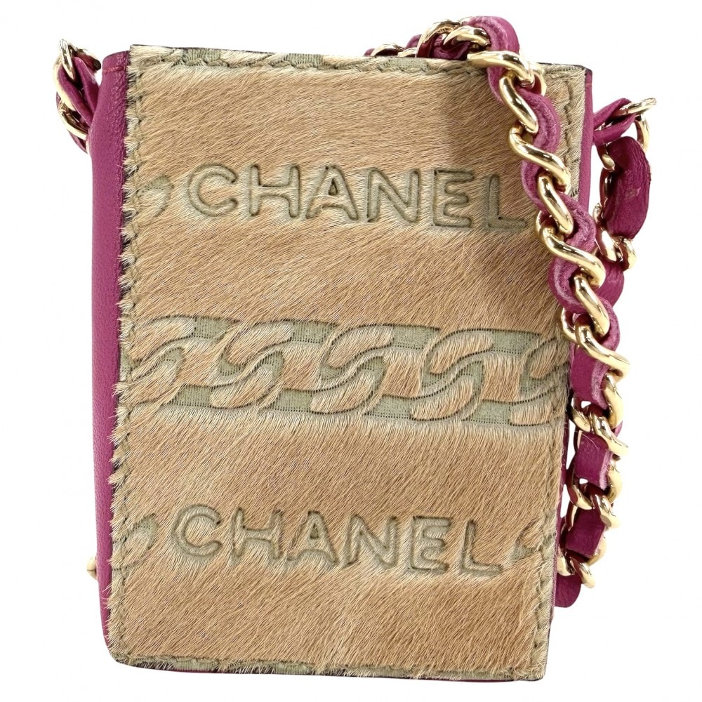 CHANEL シャネル 小物 チェーンショルダー シガレットケース ショルダーポーチ ミニバッグ ハラコ  レザー   ピンク ベージュ ゴールド金具 レディース【中古品】