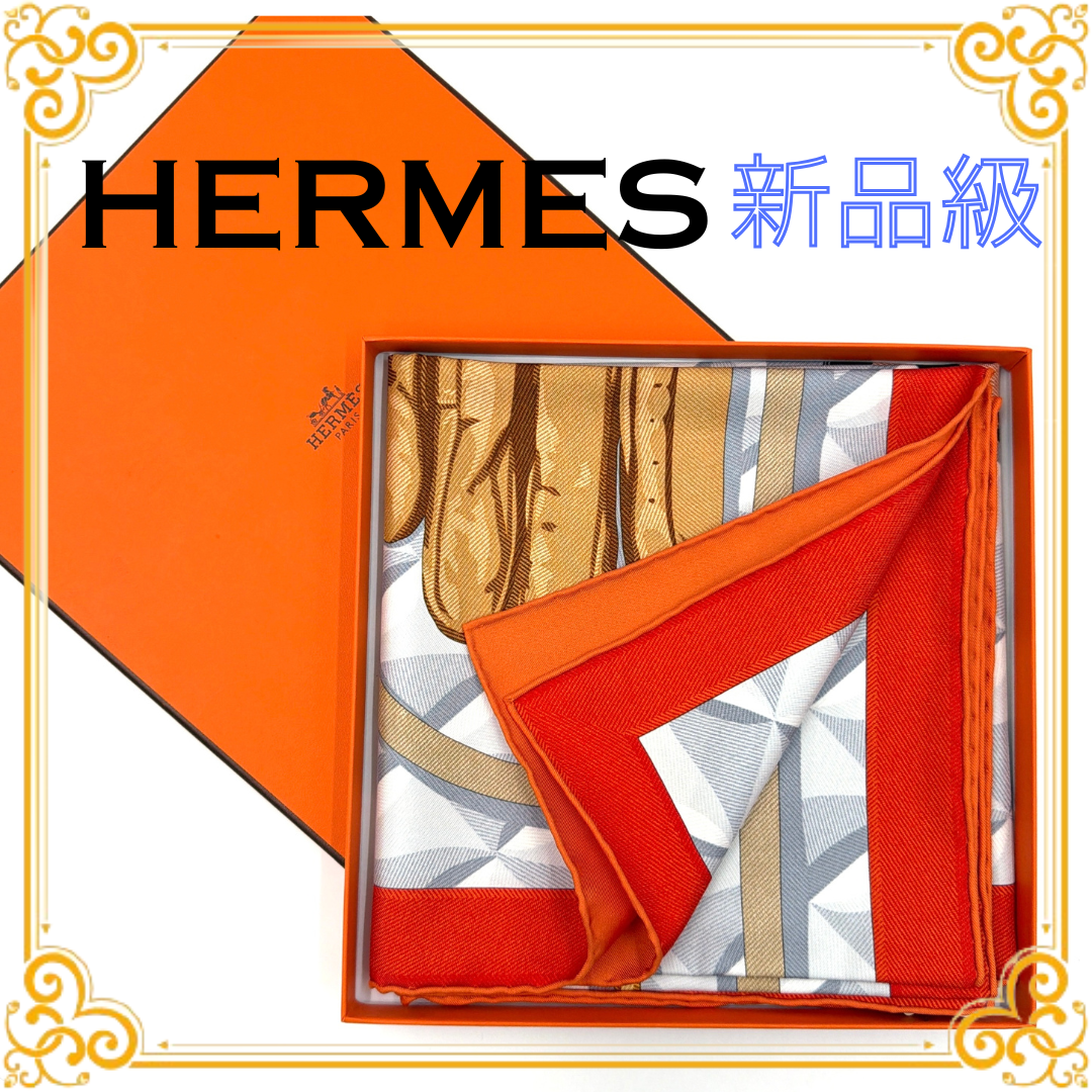 ■タグ付き■ HERMES エルメス カレ90 Beaute Composee ボテ・コンポゼ レディース スカーフ ストール ショール オレンジ系 シルク 箱付き