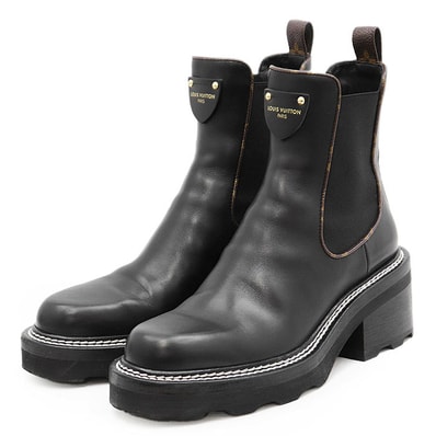 【美品】LOUIS VUITTON ルイ・ヴィトン ブーツ LVボブール・ライン 2023年製 サイドゴア LV ロゴチャーム モノグラムフラワー チャンキーソール シューズ 厚底 靴 レディース サイズ 38 ブラック 黒 イタリア製