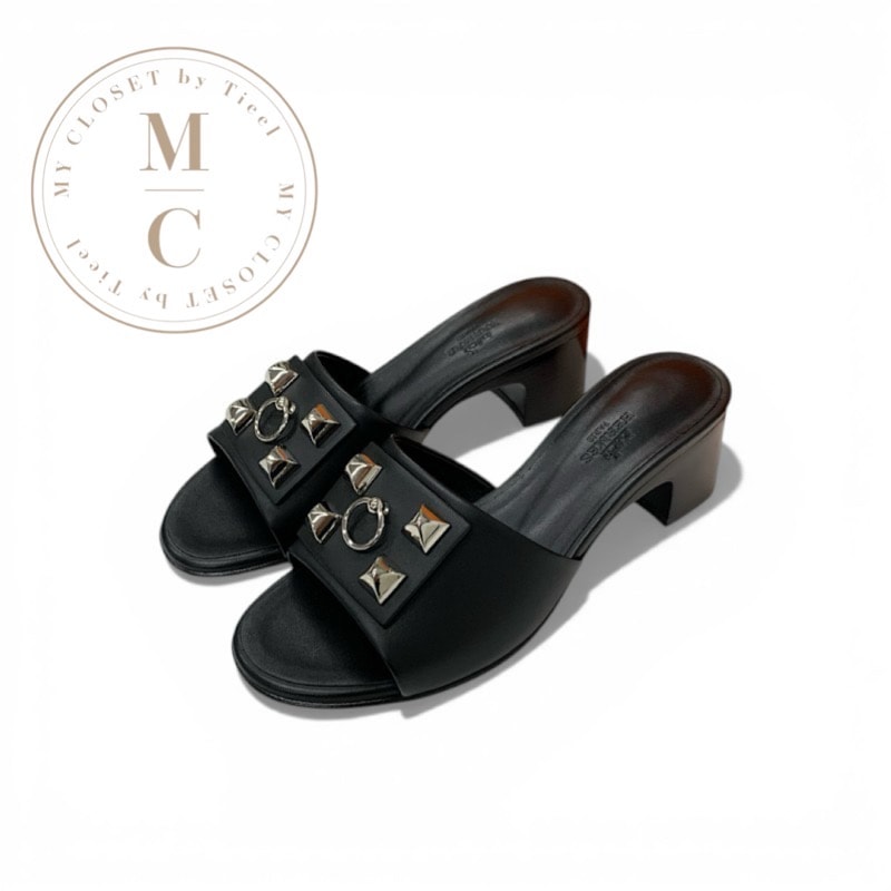 エルメス HERMES ドリーミー サンダル 靴 シューズ レザー ブラック 黒 シルバー コリエドシアン ミュール スタッズ