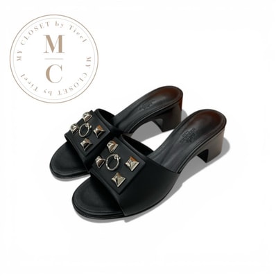 エルメス HERMES ドリーミー サンダル 靴 シューズ レザー ブラック 黒 シルバー コリエドシアン ミュール スタッズ