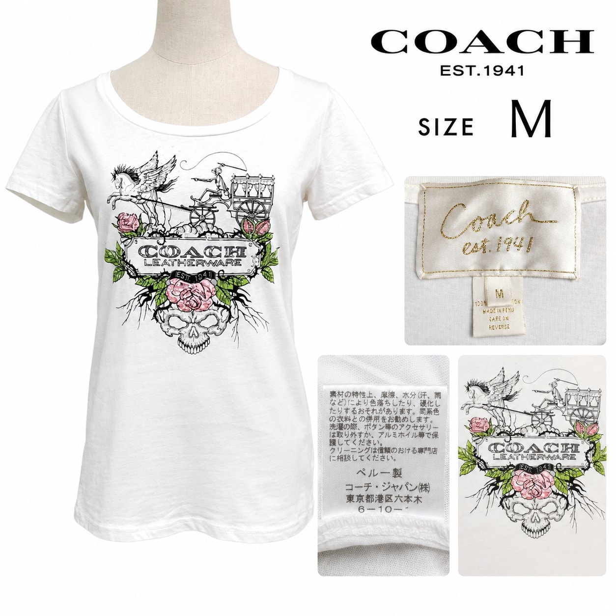 COACH/コーチ★半袖Tシャツ【レディースM/白/white/馬車 スカル 薔薇 タトゥー柄/Y2K】カットソー/アパレル/服/Tops/Shirt◆BJ182-c