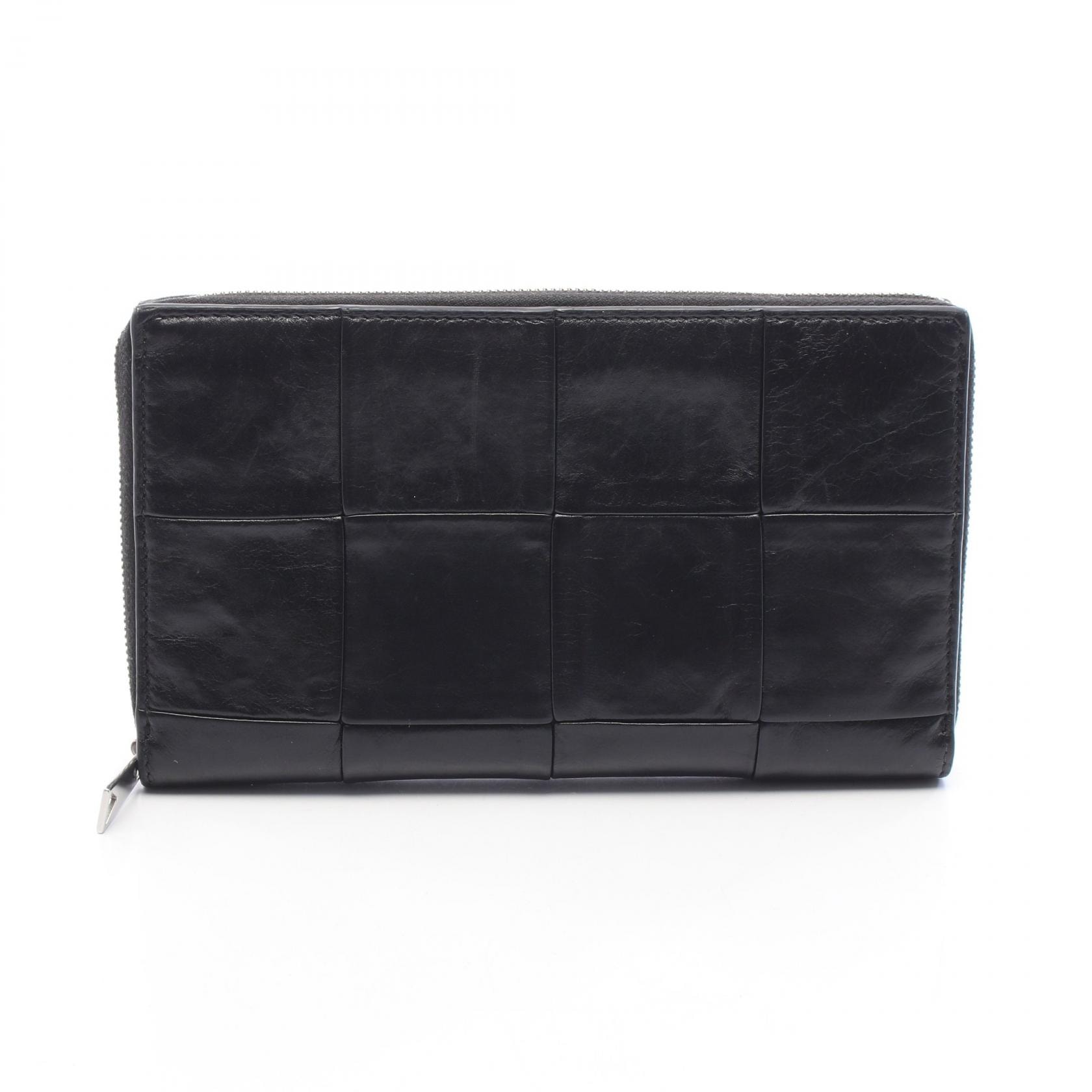 ボッテガヴェネタ BOTTEGA VENETA イントレチャート ラウンド長財布 財布 ラムスキン(羊革) レディース ブラック系 【中古】