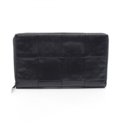 ボッテガヴェネタ BOTTEGA VENETA イントレチャート ラウンド長財布 財布 ラムスキン(羊革) レディース ブラック系 【中古】