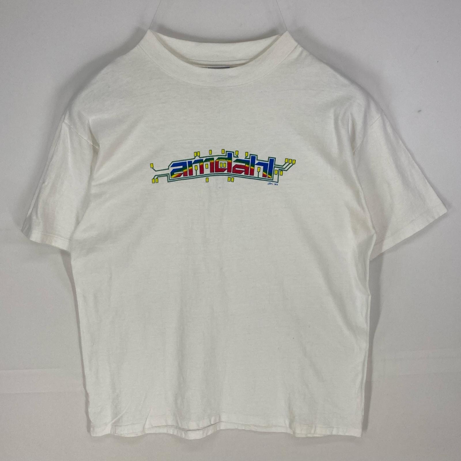 古着 90's/90年代 ヘインズ Hanes USA製 半袖Tシャツ Amdahl クルーネック シングルステッチ XL  ホワイト系 プリント メンズ