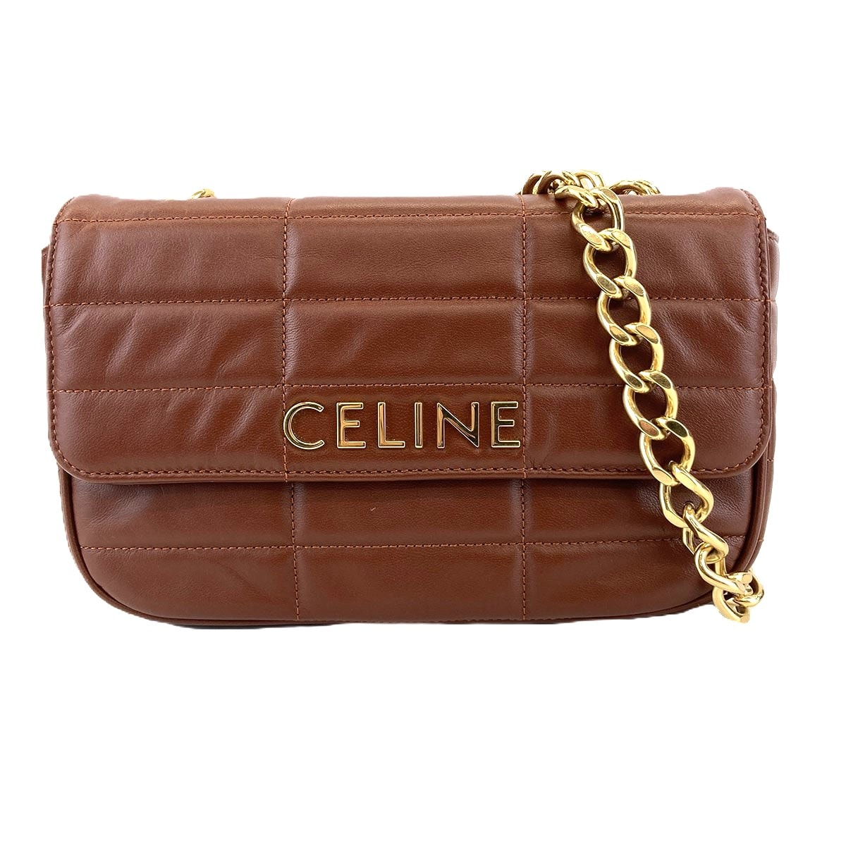 CELINE セリーヌ モノクローム マトラッセ キルティング チェーンバッグ ショルダーバッグ 111273EPZ レザー ブラウン ゴールド レディース【中古】