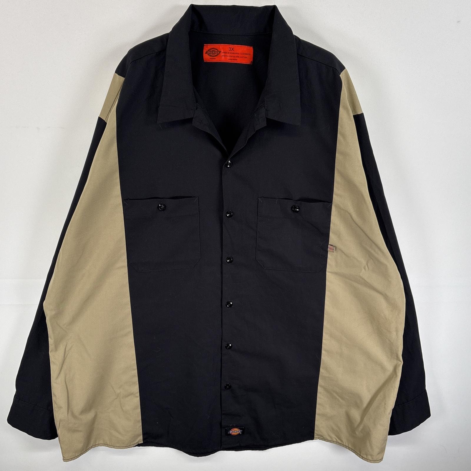 古着 ディッキーズ Dickies 長袖シャツ ワークシャツ 大きいサイズ ワンポイント ロゴ 3X  ブラック系 ツートン メンズ