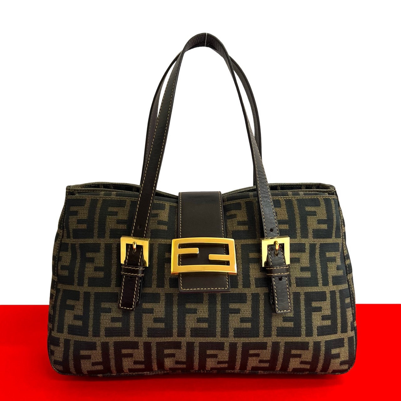 FENDI フェンディ ズッカ FF 柄 ロゴ 金具 キャンバス レザー ハンドバッグ ブラウン
30284