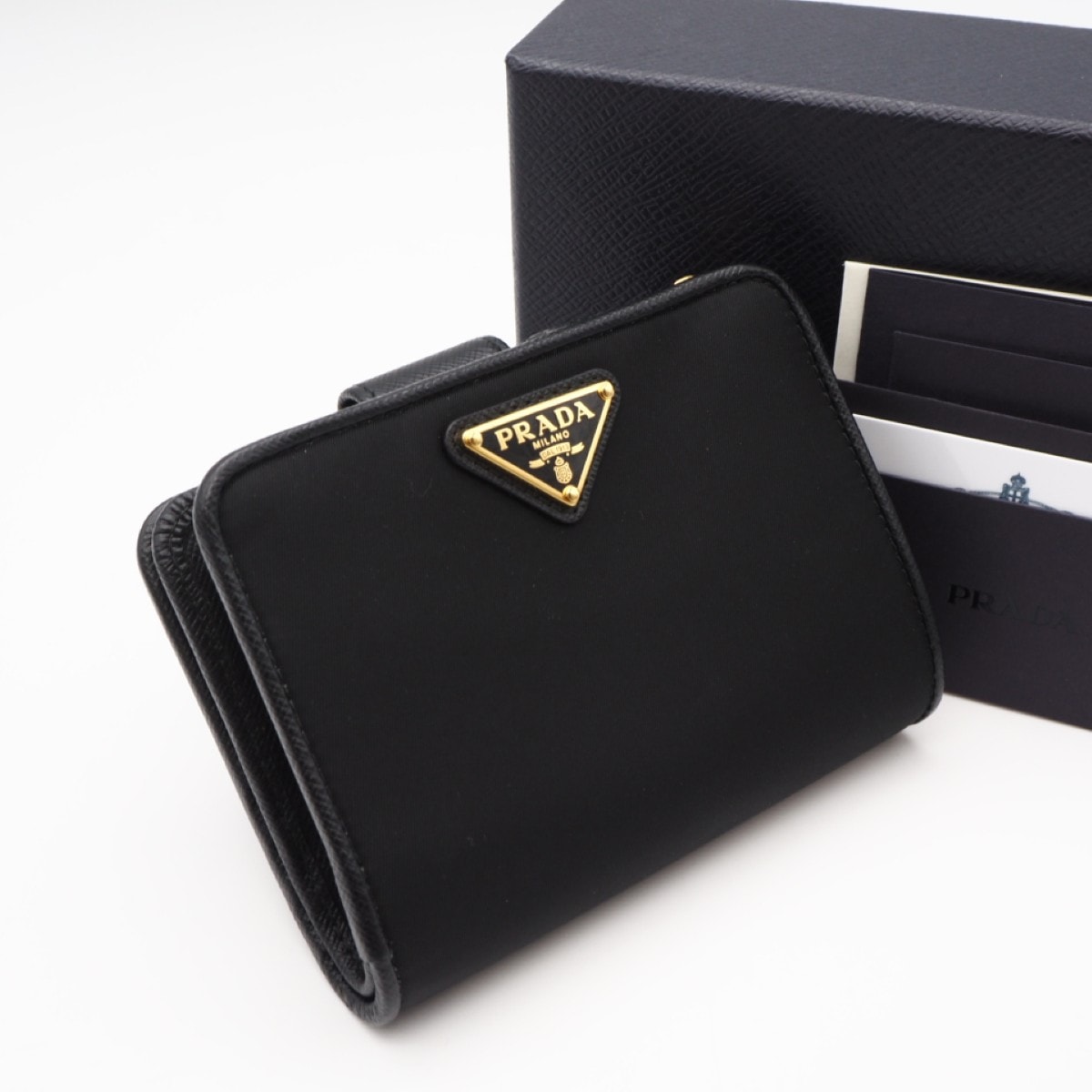 未使用 PRADA プラダ テスート レザー コンパクトウォレット 1ML018 二つ折り財布 ブラック ナイロン サフィアーノ レディース