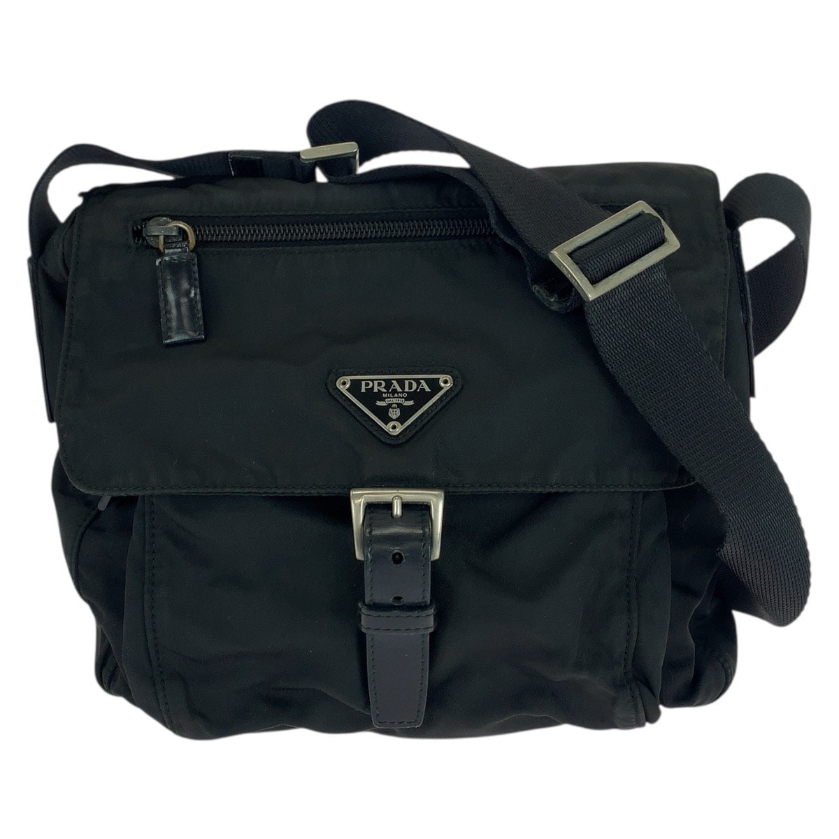PRADA プラダ テスート 三角ロゴプレート ブラック 黒 シルバー金具 ナイロン レザー/ ショルダーバッグ メッセンジャーバッグ 505720 【中古】