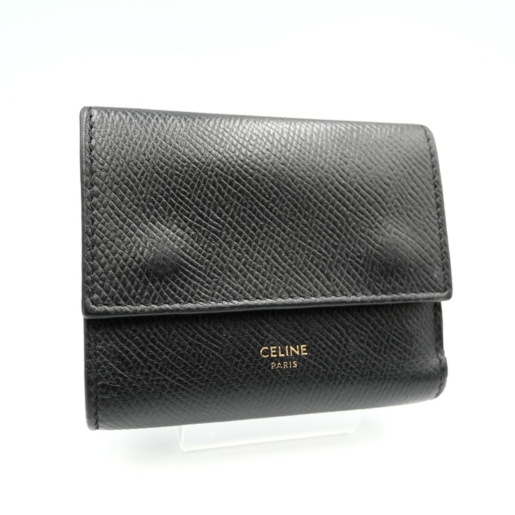 CELINE(セリーヌ)スモール トリフォールドウォレット 三つ折り財布 グレインドカーフスキン ブラック ゴールド金具 レディース 10B573BEL.38NO【中古】