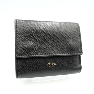 CELINE(セリーヌ)スモール トリフォールドウォレット 三つ折り財布 グレインドカーフスキン ブラック ゴールド金具 レディース 10B573BEL.38NO【中古】