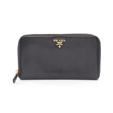 プラダ PRADA CERVO ANTIC MET ラウンド長財布 財布 レザー レディース ブラック系 1M0506 【中古】